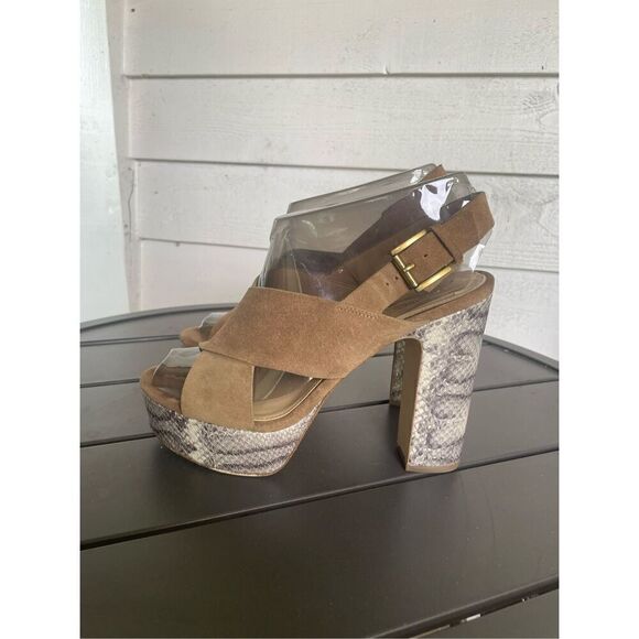 Michael Kors Mariana Suede/ Snakeskin Sling Platform/Open Toe Heels Brown Size 9 - Picture 7 of 11